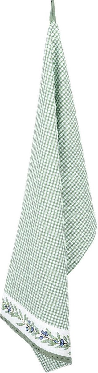 Clayre & Eef Theedoek 50x85 cm Groen Wit Katoen Rechthoek Ruit en Olijftak Vaatdoek