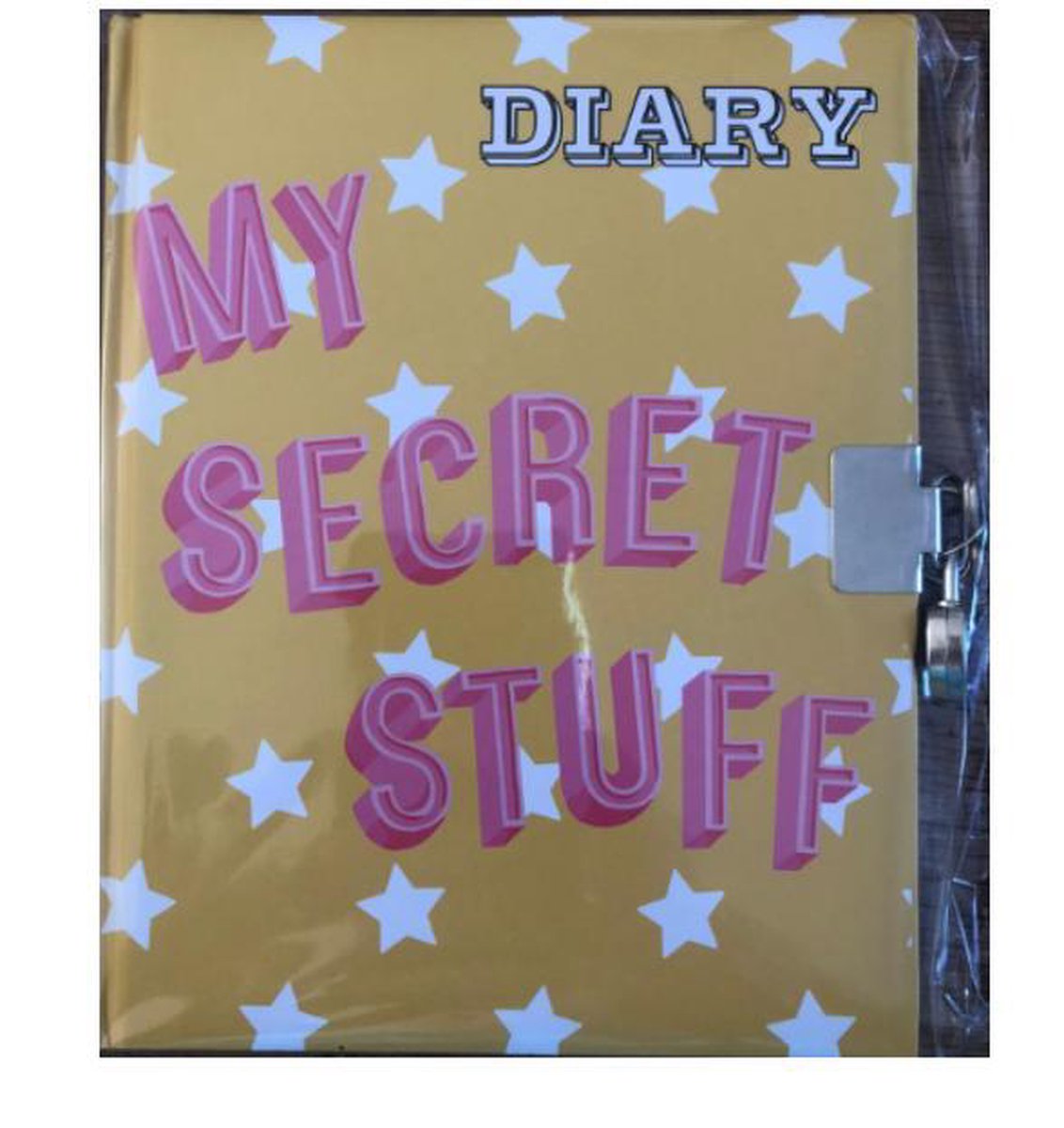 dagboek geel met slot zilver my secret stuff met witte steretjes 17.5 cm hoog bij 14 cm lang