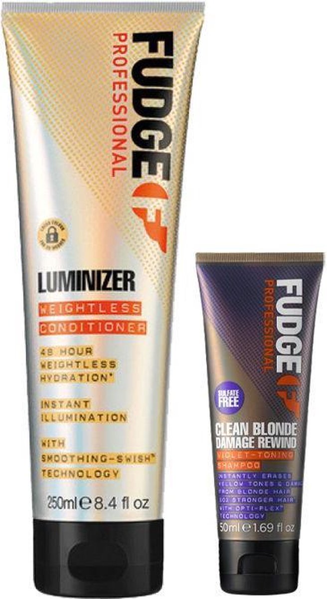 Fudge Professional - Luminizer Boost Shampoo 250 ML & Clean Blonde Violet-Damage R. Shampoo 50 ml - Fudge