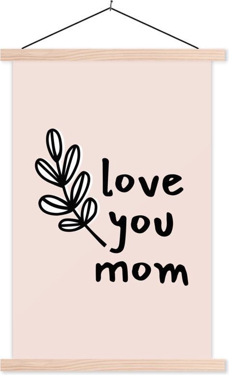Moederdag cadeau met quote love you mom Lichtroze met tak schoolplaat platte latten blank schoolplaat 60x90 cm - Foto print op textielposter (wanddecoratie woonkamer/slaapkamer)