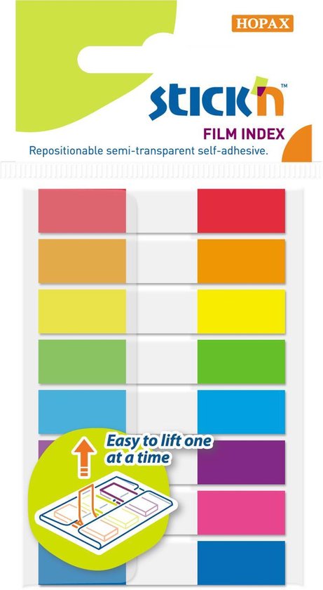 Stick'n Smalle Index tabs - 45x8mm, 8x neon transparant assorti kleuren, 160 sticky tabs