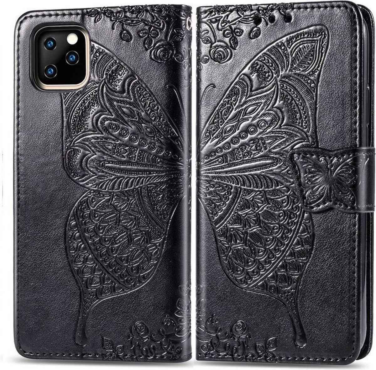 Telefoonhoesje voor Apple iPhone 11 | Hoogwaardig PU Leren Bookcase | Lederen Wallet Case | Pasjeshouder | Portemonnee | Vlinder Patroon | Zwart
