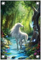 Tuinposter –Getekende Unicorn in Fantasiebos– 30x40  Foto op Tuinposter (wanddecoratie voor buiten en binnen)