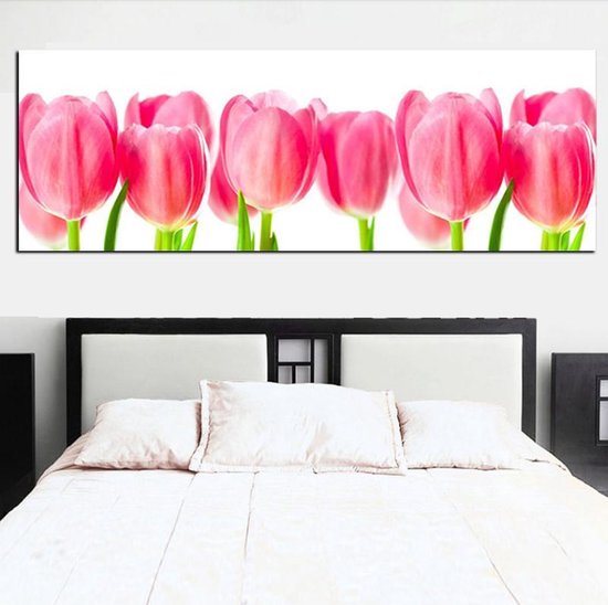 Canvas Schilderij * Rose Tulpen Pink Tulips * - Natuur Bloemen - XL formaat - Kleur - 50 x 150 cm