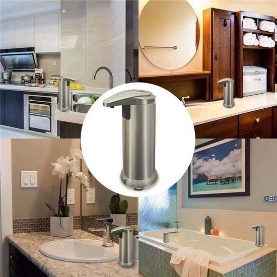 Automatische zeepdispenser in verschillende huiselijke omgevingen: keuken, badkamer en bij het bad.