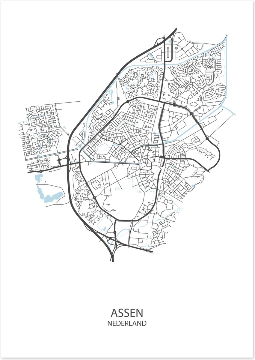 De Lange Koe Poster - Assen Plattegrond - 42 X 29.7 Cm - Wit