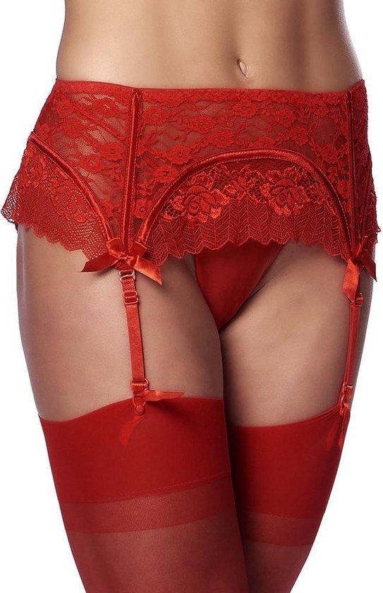 Porte-jarretelles en dentelle avec dos ouvert avec ficelle et bas - rouge |  bol.com