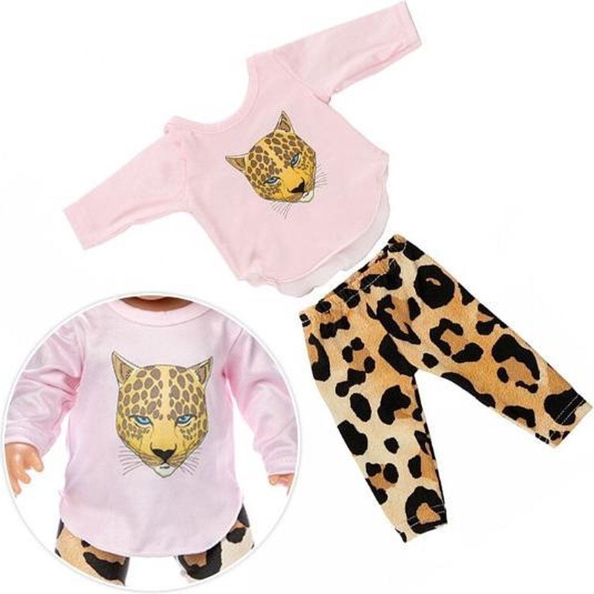 Favorite Things - Poppenkleertjes - Roze kleding set met luipaard - Geschikt voor pop tot 43cm - Favorite Things