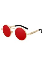 KIMU Ronde Bril Hipster - Goud Montuur Rond - Rode Glazen - Nachtbril Autorijden Wintersport - Gouden Zonnebril Uv - Retro Hippie Gouden Festival