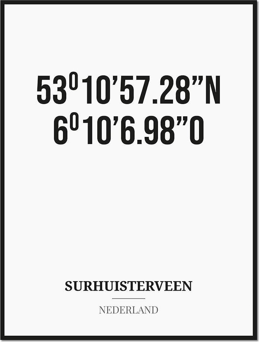 Studio216 Poster/kaart SURHUISTERVEEN met coördinaten zwart, wit