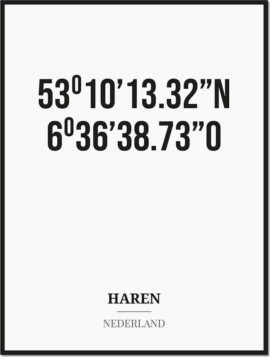 Studio216 Poster/kaart HAREN met coördinaten zwart, wit