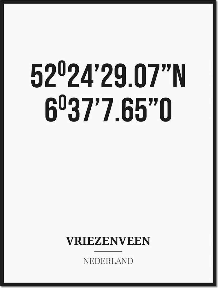 Studio216 Poster/kaart VRIEZENVEEN met coördinaten zwart, wit