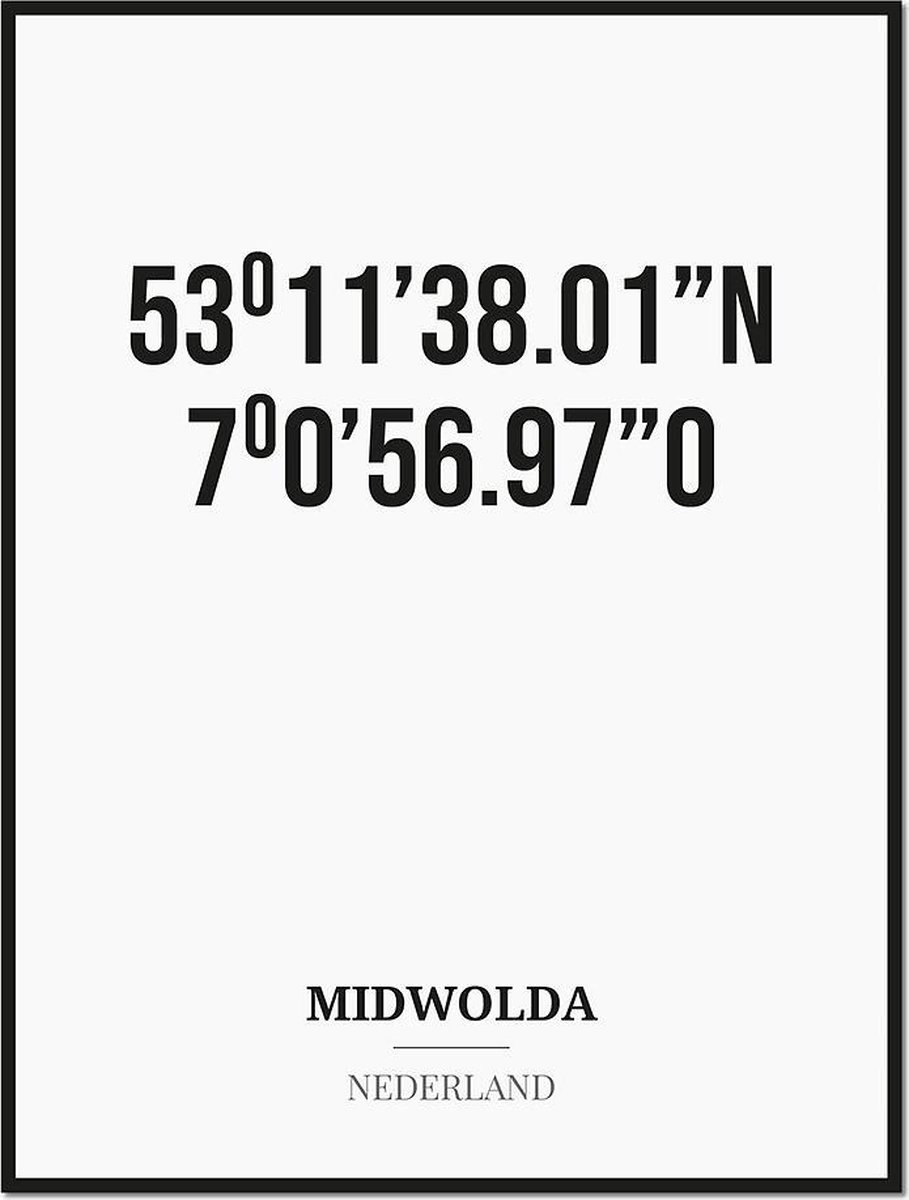 Studio216 Poster/kaart MIDWOLDA met coördinaten zwart, wit