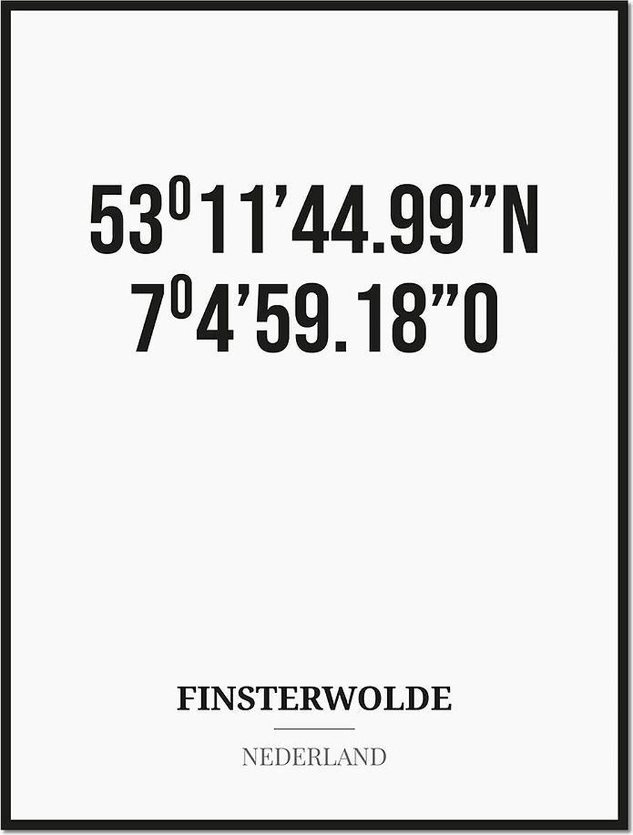Studio216 Poster/kaart FINSTERWOLDE met coördinaten zwart, wit