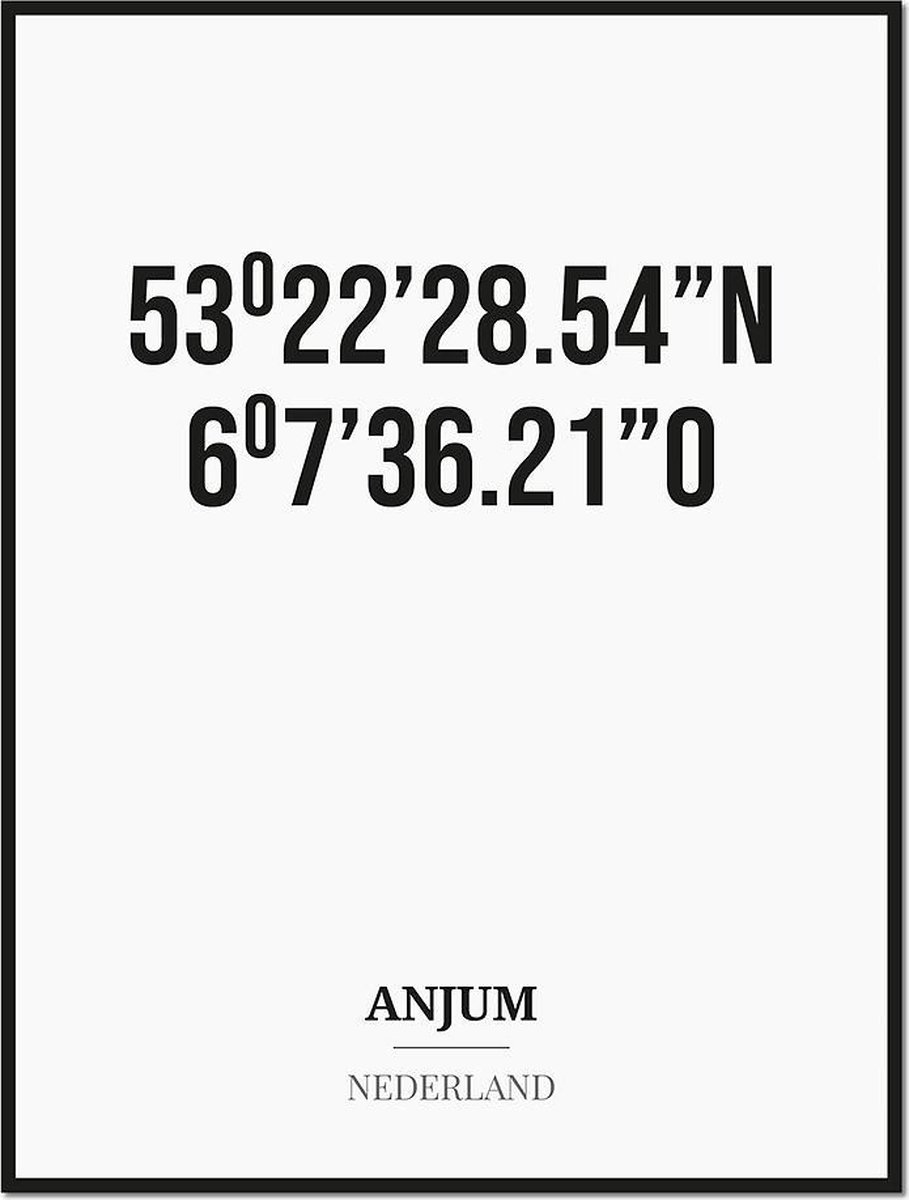 Studio216 Poster/kaart ANJUM met coördinaten zwart, wit