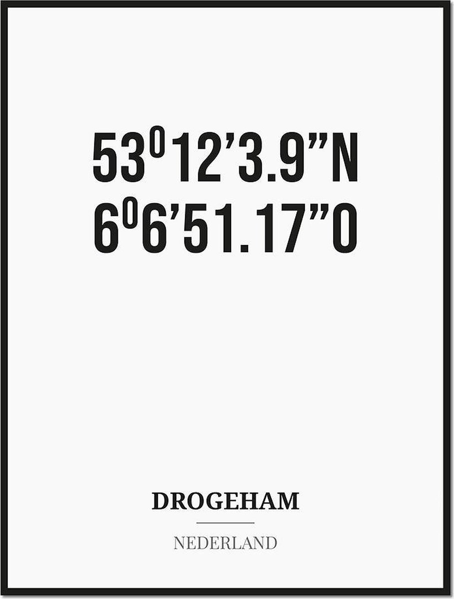 Studio216 Poster/kaart DROGEHAM met coördinaten zwart, wit