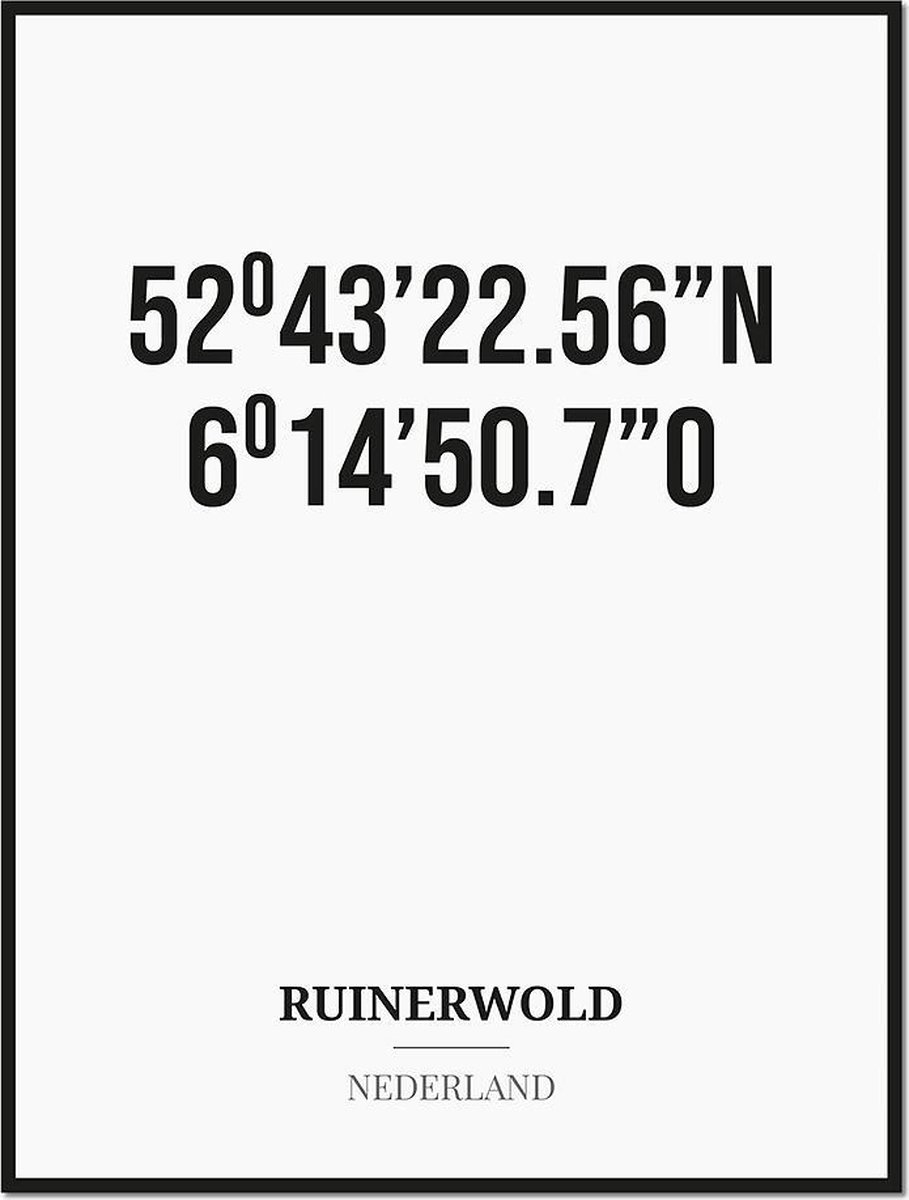 Studio216 Poster/kaart RUINERWOLD met coördinaten zwart, wit