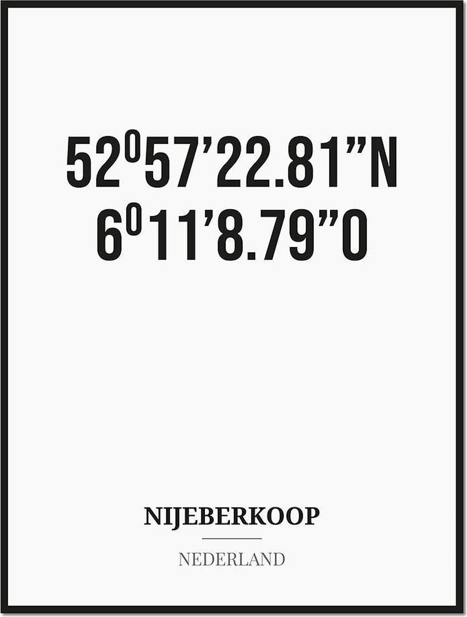 Studio216 Poster/kaart NIJEBERKOOP met coördinaten zwart, wit