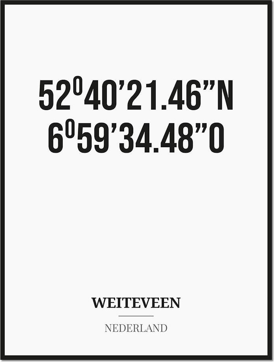 Studio216 Poster/kaart WEITEVEEN met coördinaten zwart, wit
