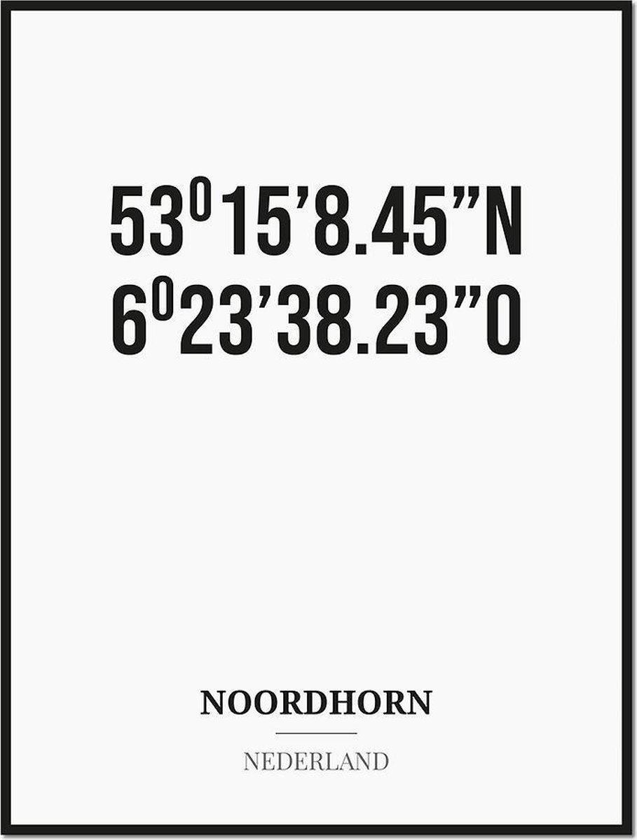 Studio216 Poster/kaart NOORDHORN met coördinaten zwart, wit