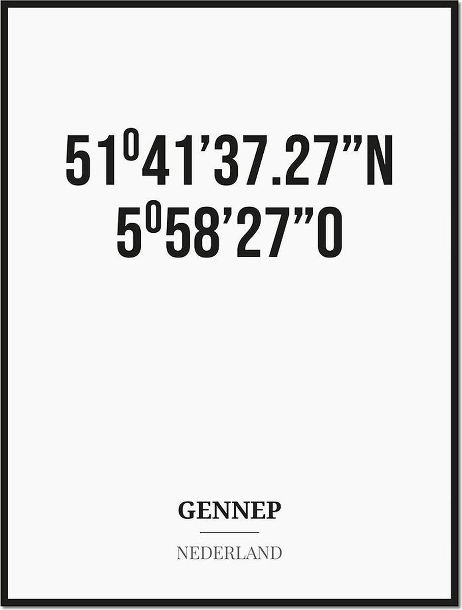 Studio216 Poster/kaart GENNEP met coördinaten zwart, wit