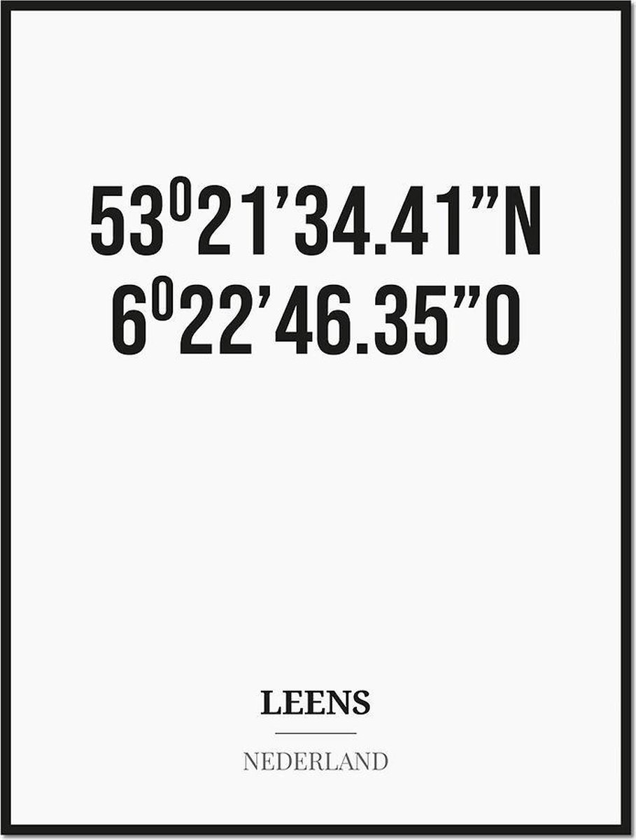 Studio216 Poster/kaart LEENS met coördinaten zwart, wit