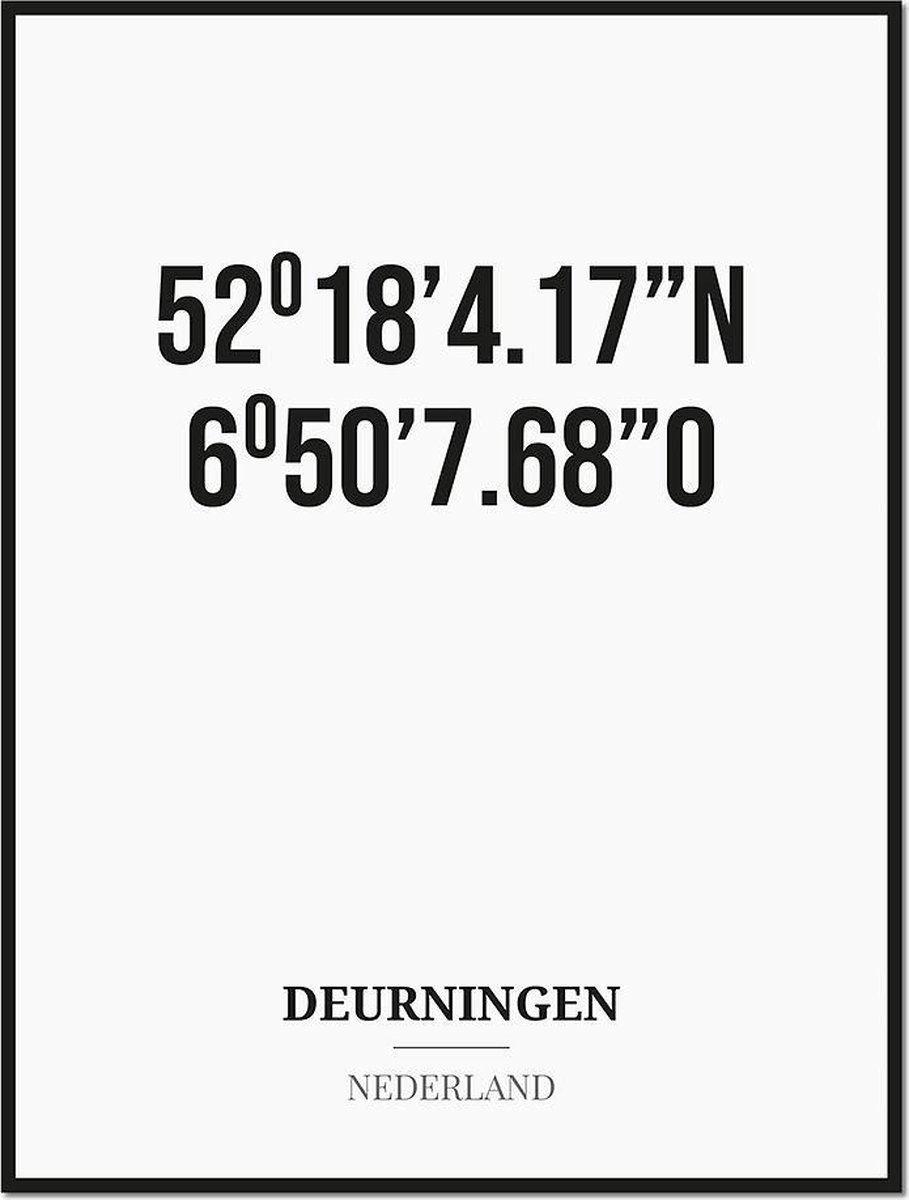 Studio216 Poster/kaart DEURNINGEN met coördinaten zwart, wit