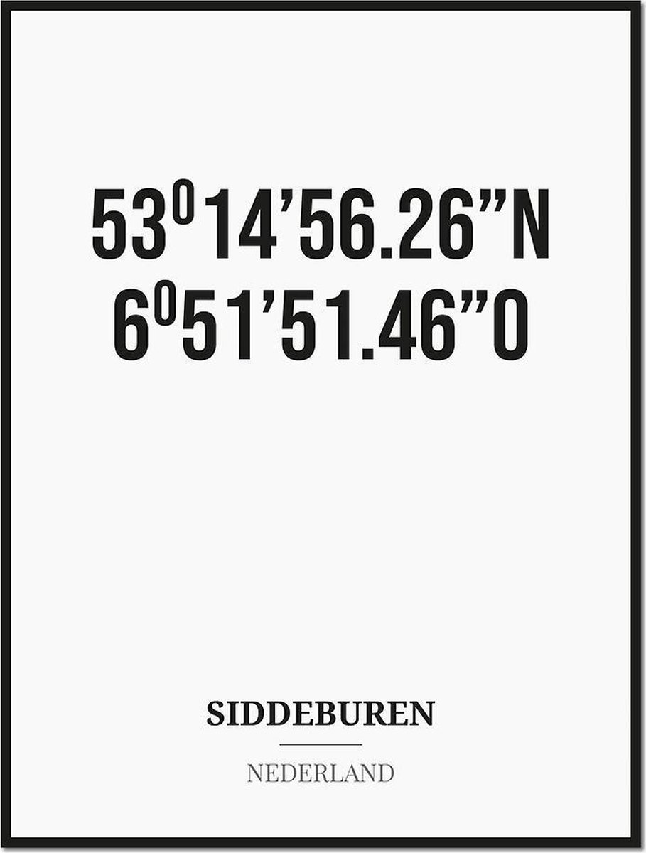 Studio216 Poster/kaart SIDDEBUREN met coördinaten zwart, wit