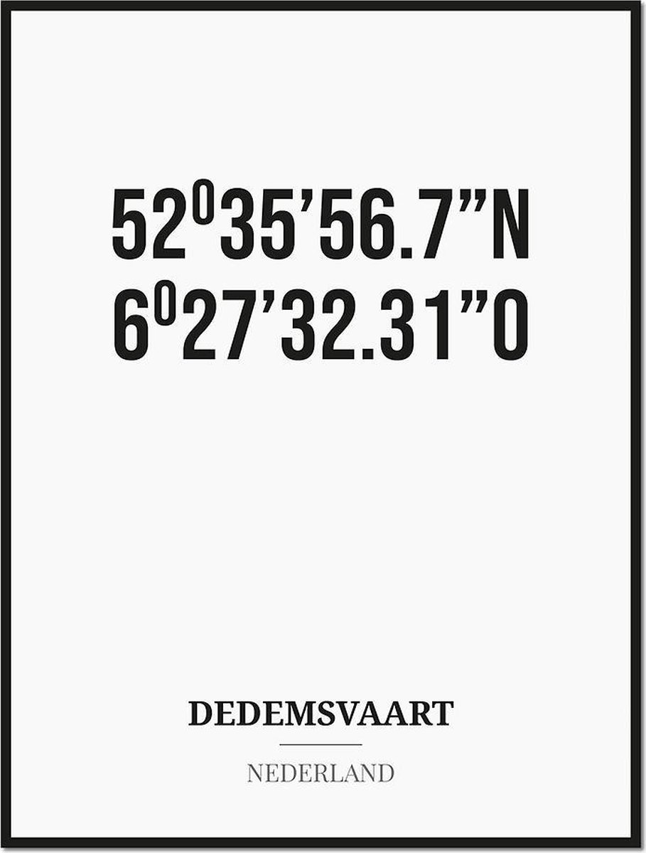 Studio216 Poster/kaart DEDEMSVAART met coördinaten zwart, wit