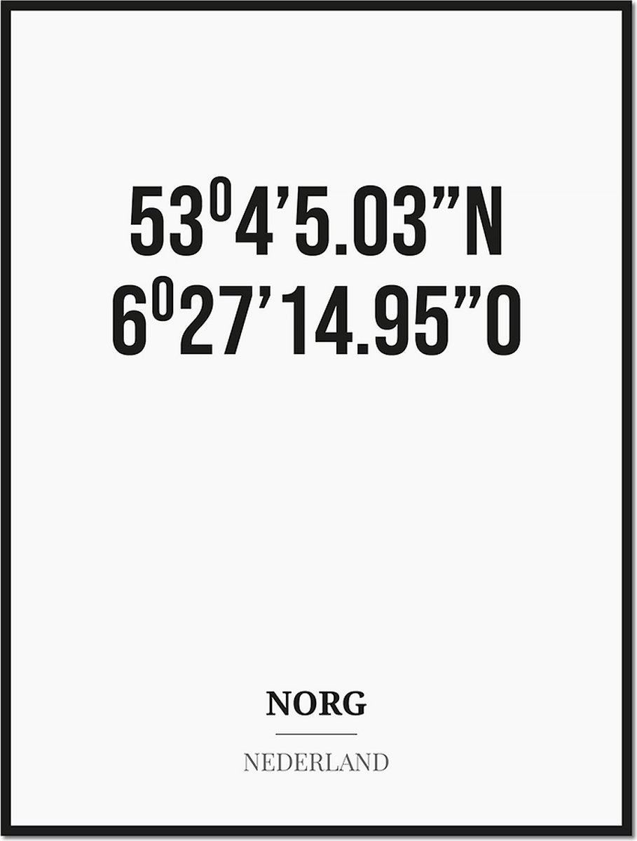 Studio216 Poster/kaart NORG met coördinaten zwart, wit