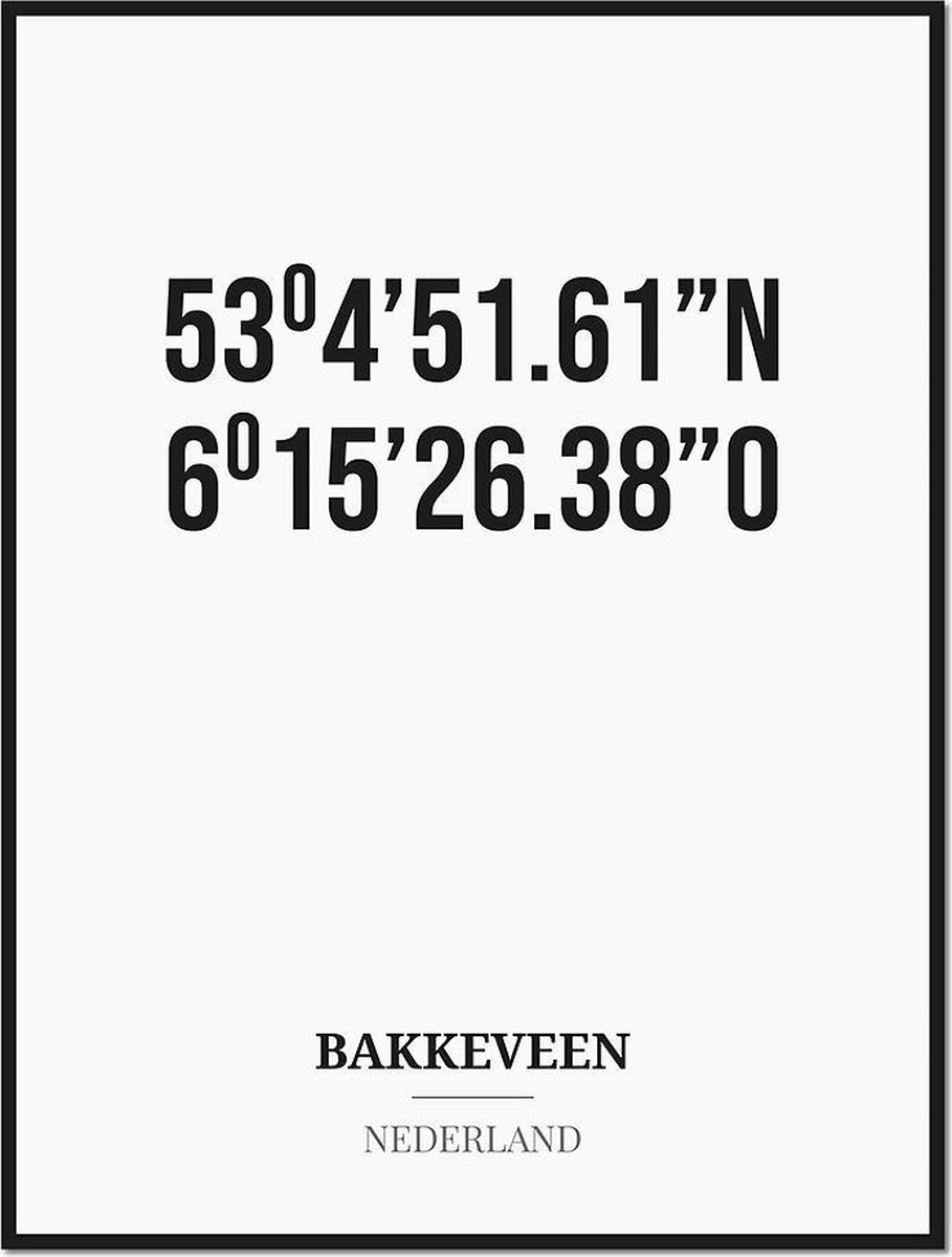 Studio216 Poster/kaart BAKKEVEEN met coördinaten zwart, wit