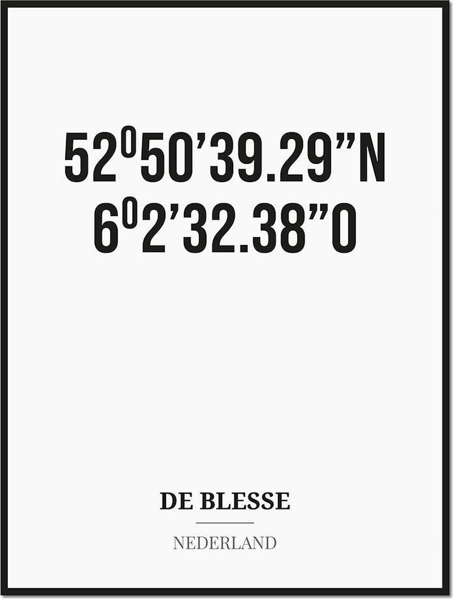 Studio216 Poster/kaart DE BLESSE met coördinaten zwart, wit