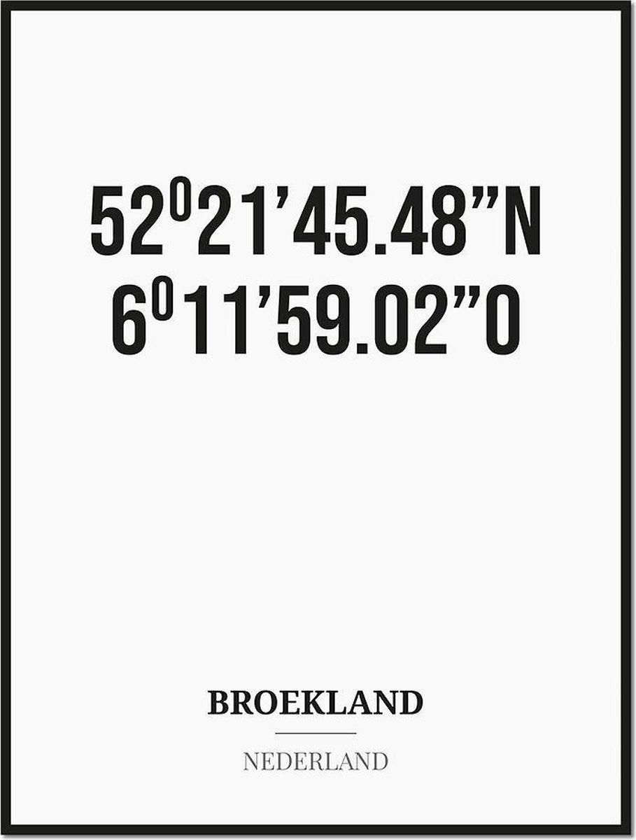 Studio216 Poster/kaart BROEKLAND met coördinaten zwart, wit