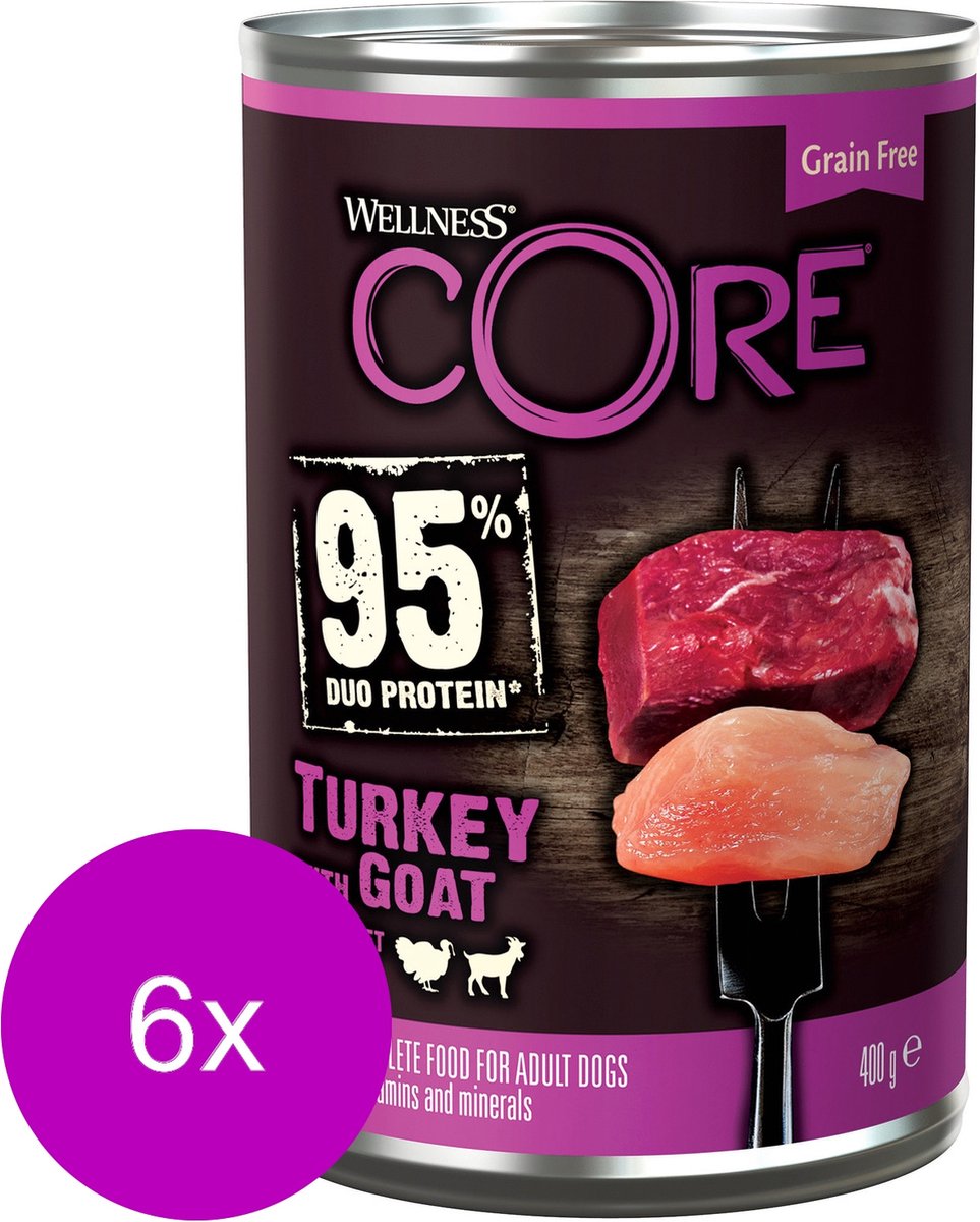 6x Wellness Core Hondenvoer Blik Kalkoen – Geit – Zoete Aardappel 400 gr