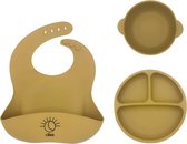 Cilua - Kinderservies Set - Kinderbordjes - Siliconen Slabbetje - Baby Servies Set - Peuter Servies Set - Flexibele silicone - Set van 3 - Mosterd Geel