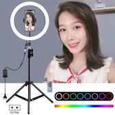 PULUZ 1,1 m statiefbevestiging + 12 inch RGB dimbare LED-ring Vlogging Selfie-fotografie Videolichten Live uitzendingskits met koude schoen Statief Balhoofd en telefoonklem (EU-stekker)