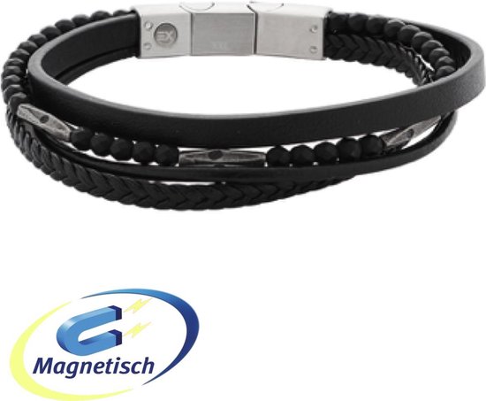 Energetix Magneet Armband 3757-1 - Maat L-XL - kleur Zwart - leren stroken  - verstelbaar | bol