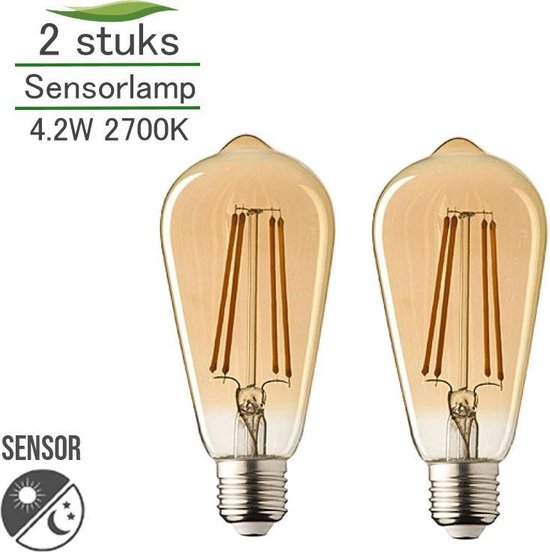 2 stuks Lybardo Sensor lamp LED E27 met dag-nacht sensor Filament Rustique  Finish 4.2W... | bol.com