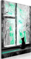 Schilderijen Op Canvas - Schilderij - Longing Kitty (1 Part) Vertical Green 80x120 - Artgeist Schilderij