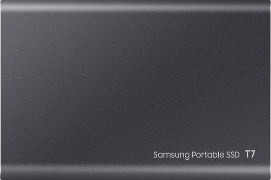 Grijze Samsung Portable SSD T7 met tekst.