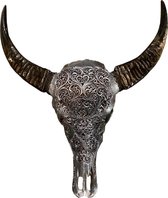Skull - Gegraveerd - Bali - Gewei - Schedel - Buffelschedel - Antraciet - Dierenschedel - 65 cm breed