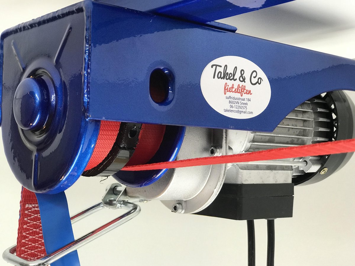 Takel en Co Electrische Fietslift blauw met rode hijsbanden 125kg met CE-Keur certificering