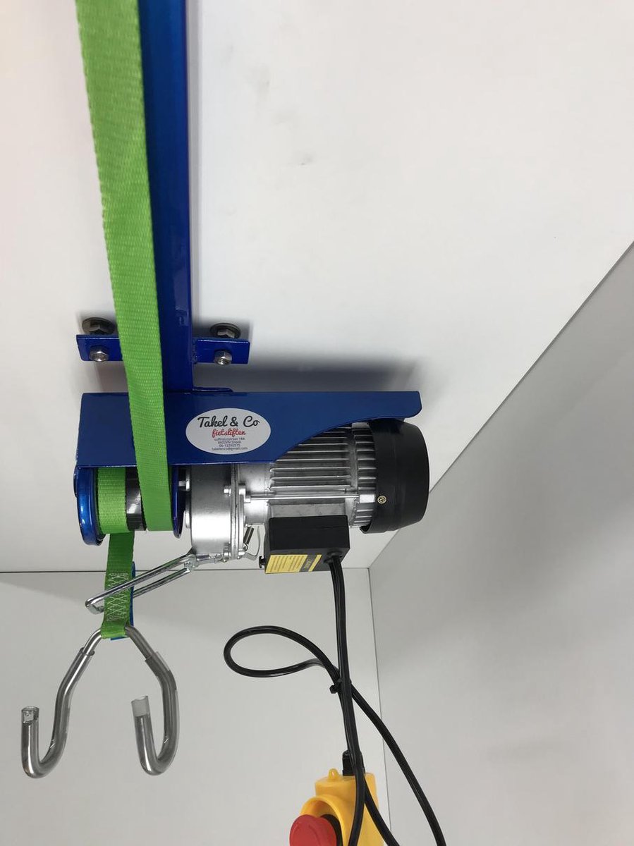 Takel en Co Electrische Fietslift blauw met groene hijsbanden 125kg met CE-Keur certificering