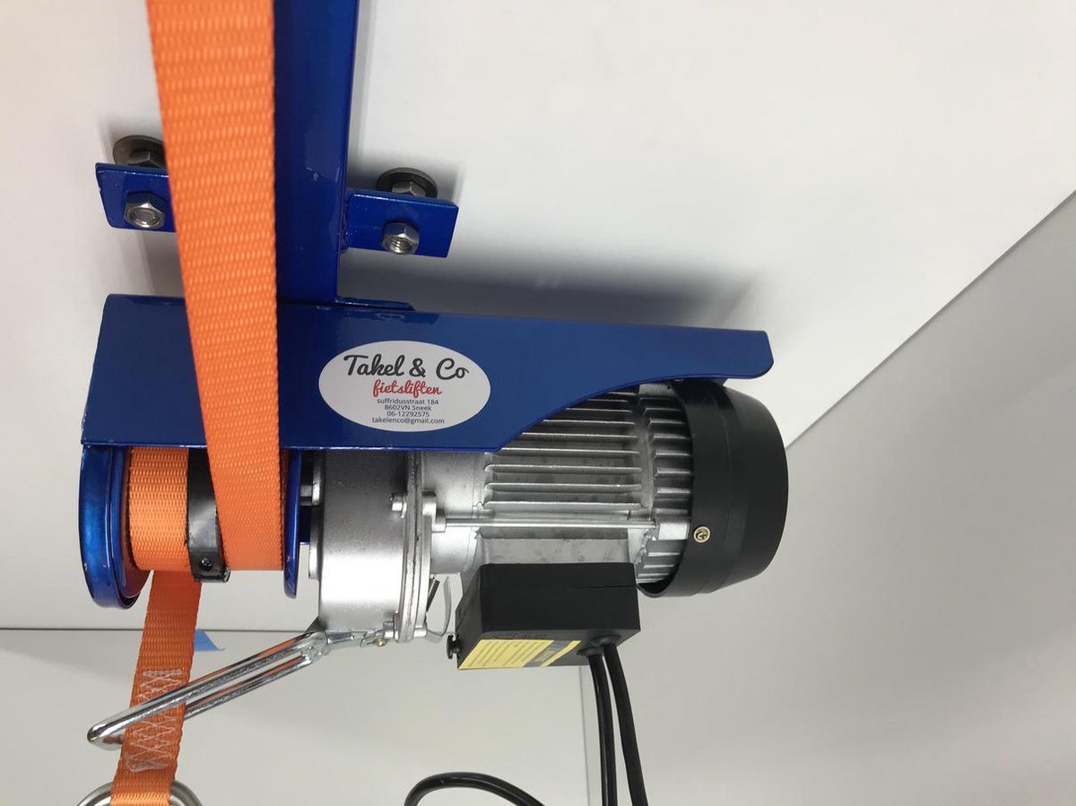 Takel en Co Electrische Fietslift blauw met oranje hijsbanden 125kg met CE-Keur certificering