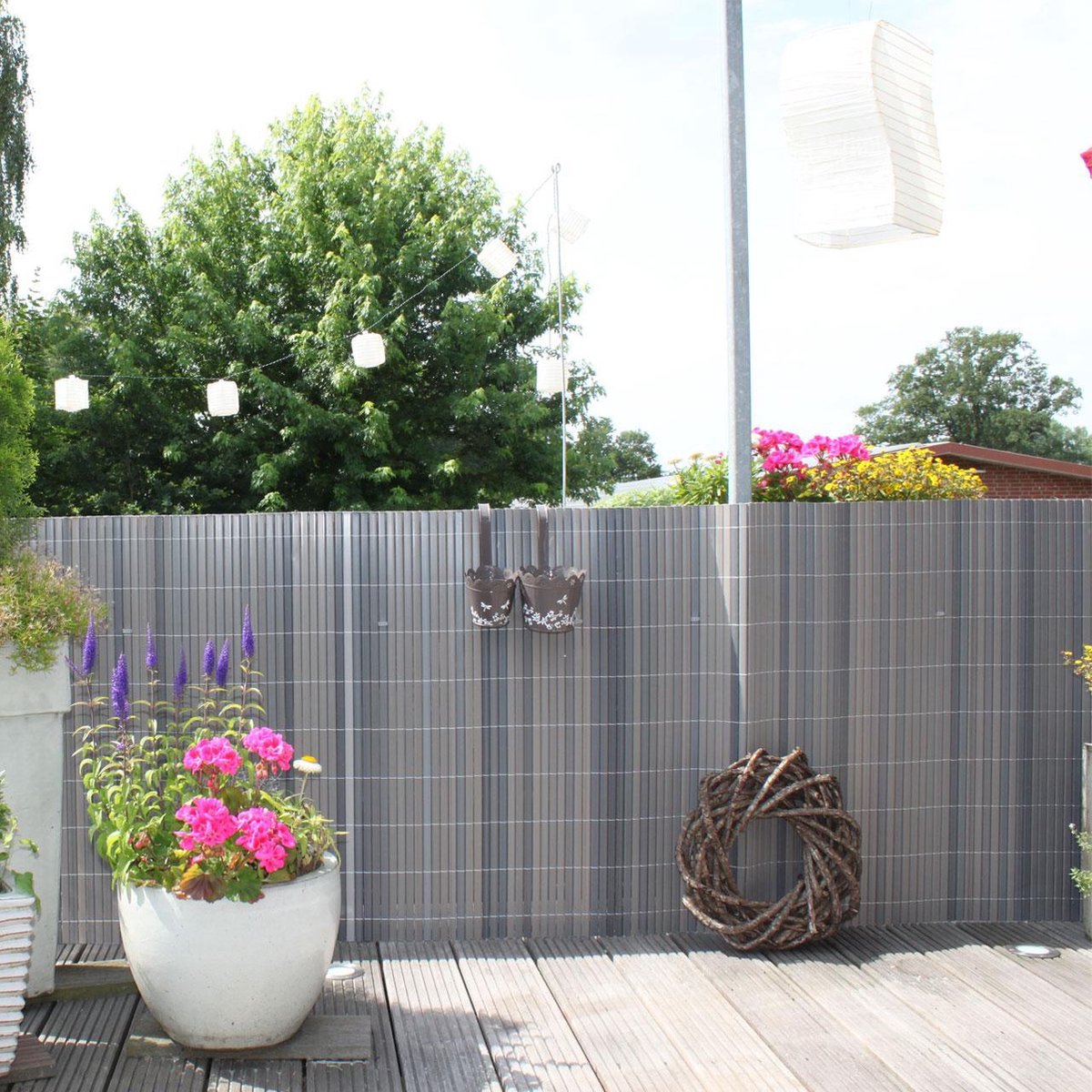 Videx Balkonscherm, 90 x 300 cm, V 12368, titaan-grijs, vv ogen rondom, nu met gratis spanrubbers