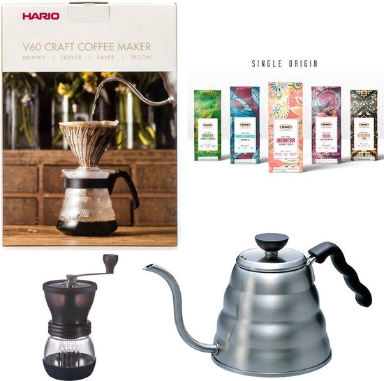 Hario V60 slow coffee starter kit + Hario Koffiemolen + Hario Waterketel 1,2ltr + Bristot single origin koffiebonen pakket