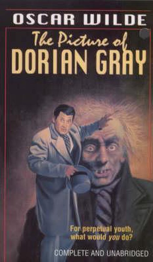 Boekcover van 'The Picture of Dorian Gray' door Oscar Wilde. Een nette man met hoed staat naast een monsterlijk uitziende figuur.