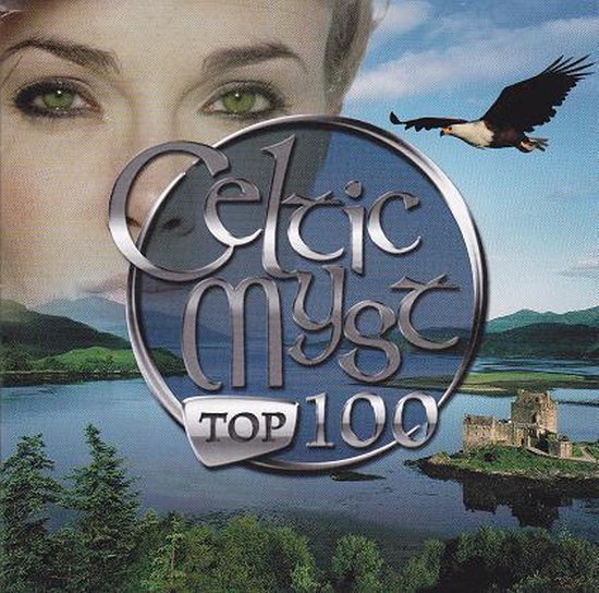 Cover van de Celtic Myst Top 100 CD met close-up van een vrouw en een landschap met een kasteel.
