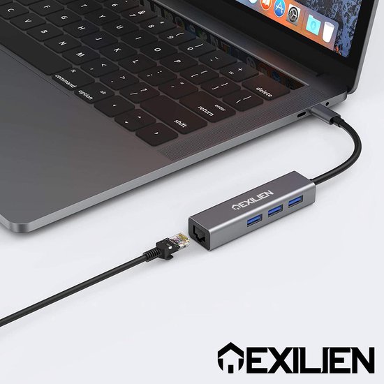 4-in-1 USB-C Hub Adapter - Compatible met Apple Macbook Pro / Air / iMac / Mac Mini / Google Chromebook / Windows Surface / HP / ASUS / Lenovo - Type-C Kabel naar LAN Gigabit Ethernet RJ45 Converter - 1000Mbps (1Gbps) - 3 keer USB 3.0 - Exilien