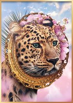 Poster "Savage Leopard" | A4 | 29,7 x 21 cm | Luipaard met goud en roze bloemen